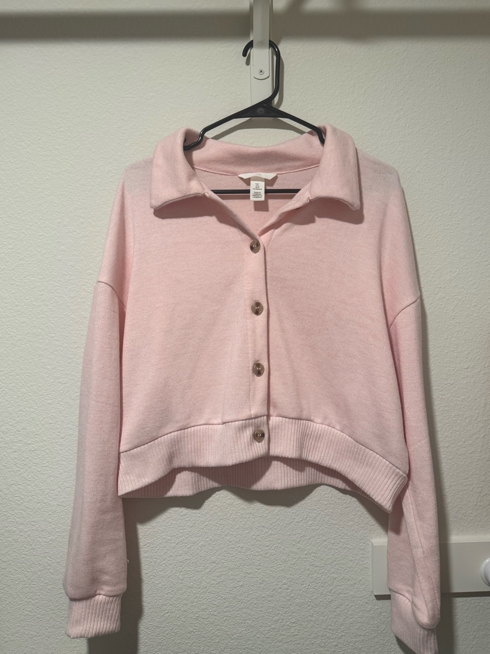 H&M Blush Pink Cropped Collared Button-Front Sweatshirt